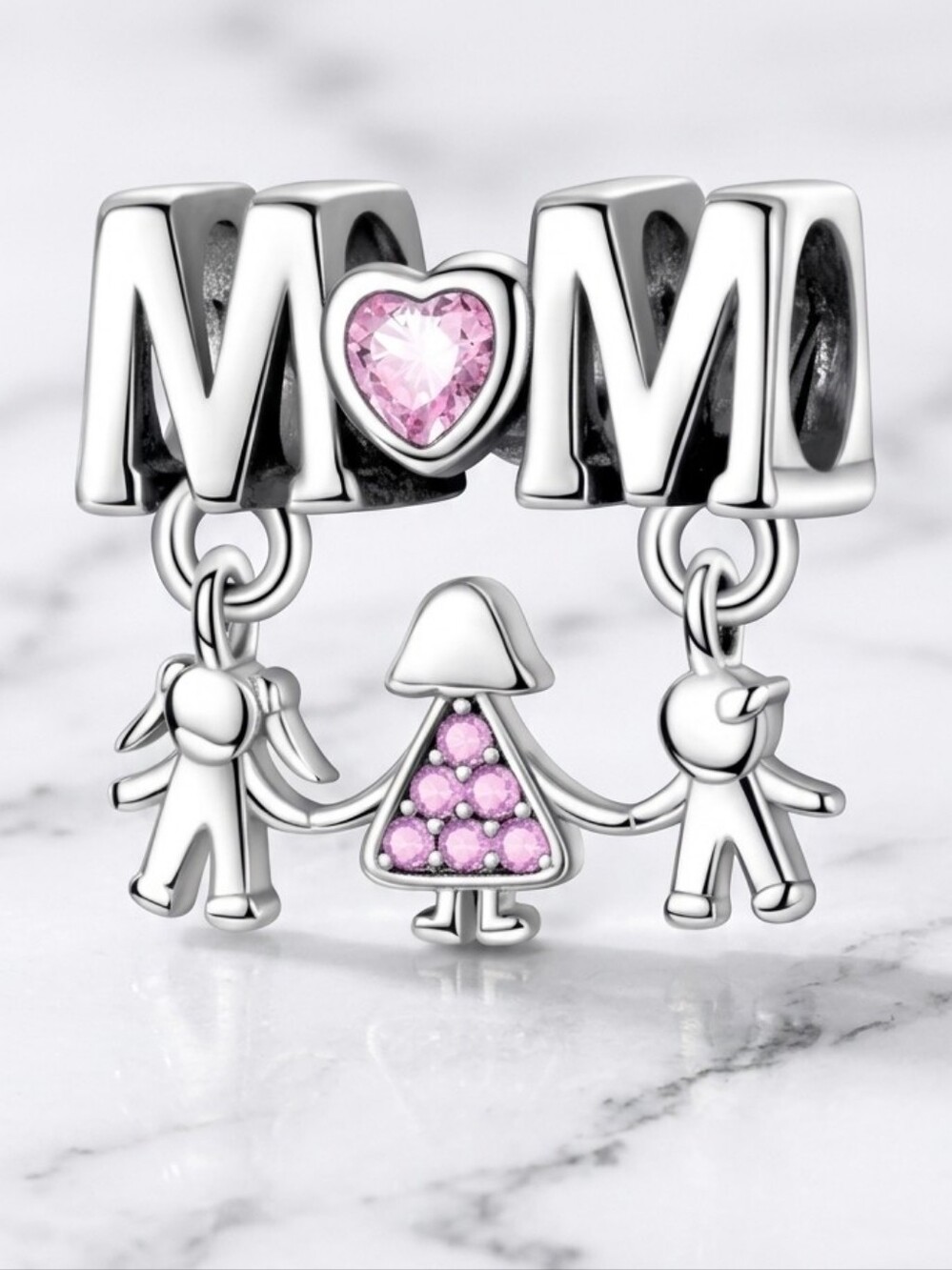 Sterling Silver 'MOM' Charm Bracelet with Family Dangles - Silver